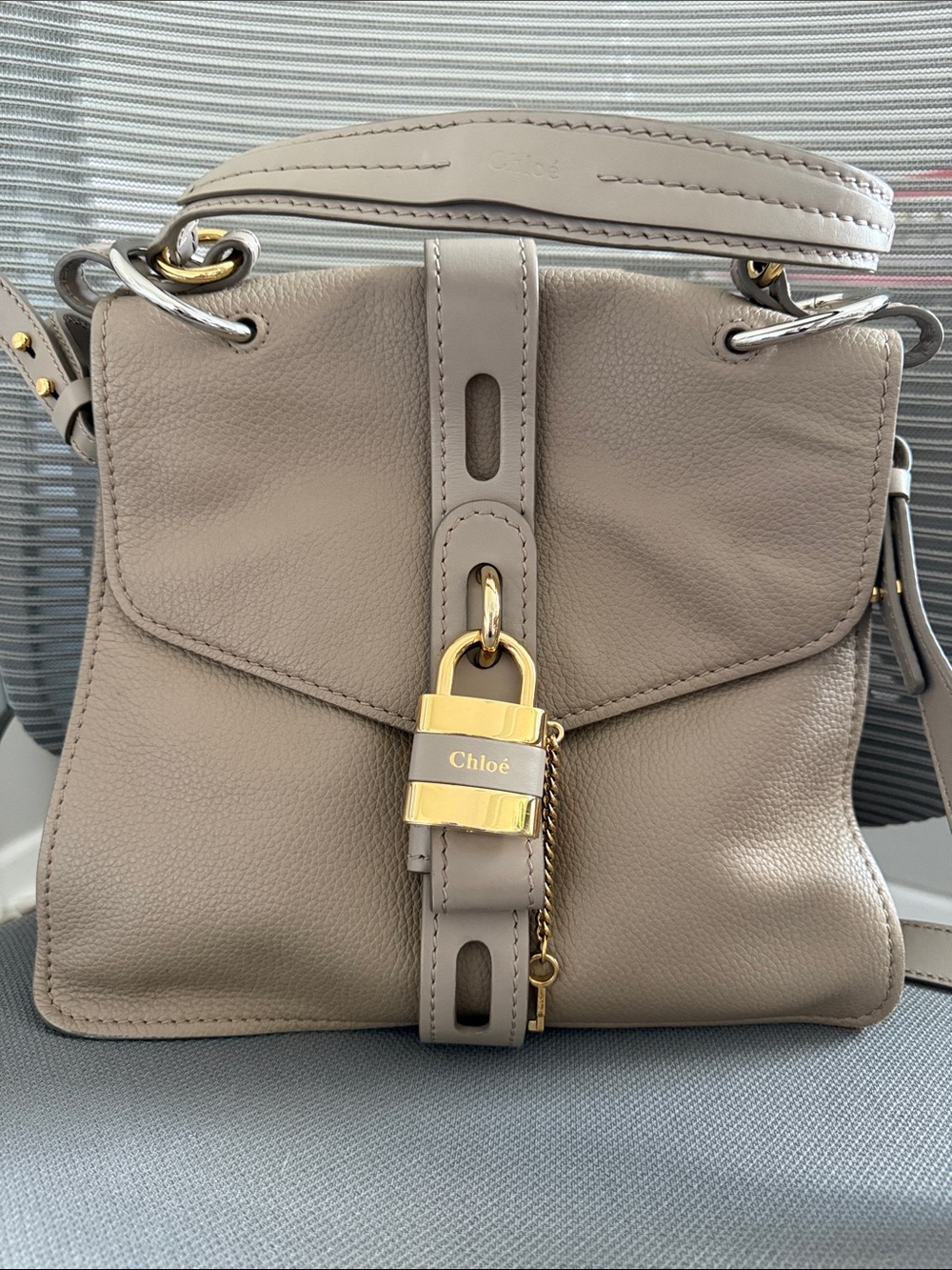 Chloé Taupe Pebbled Leather Satchel with Gold Padlock